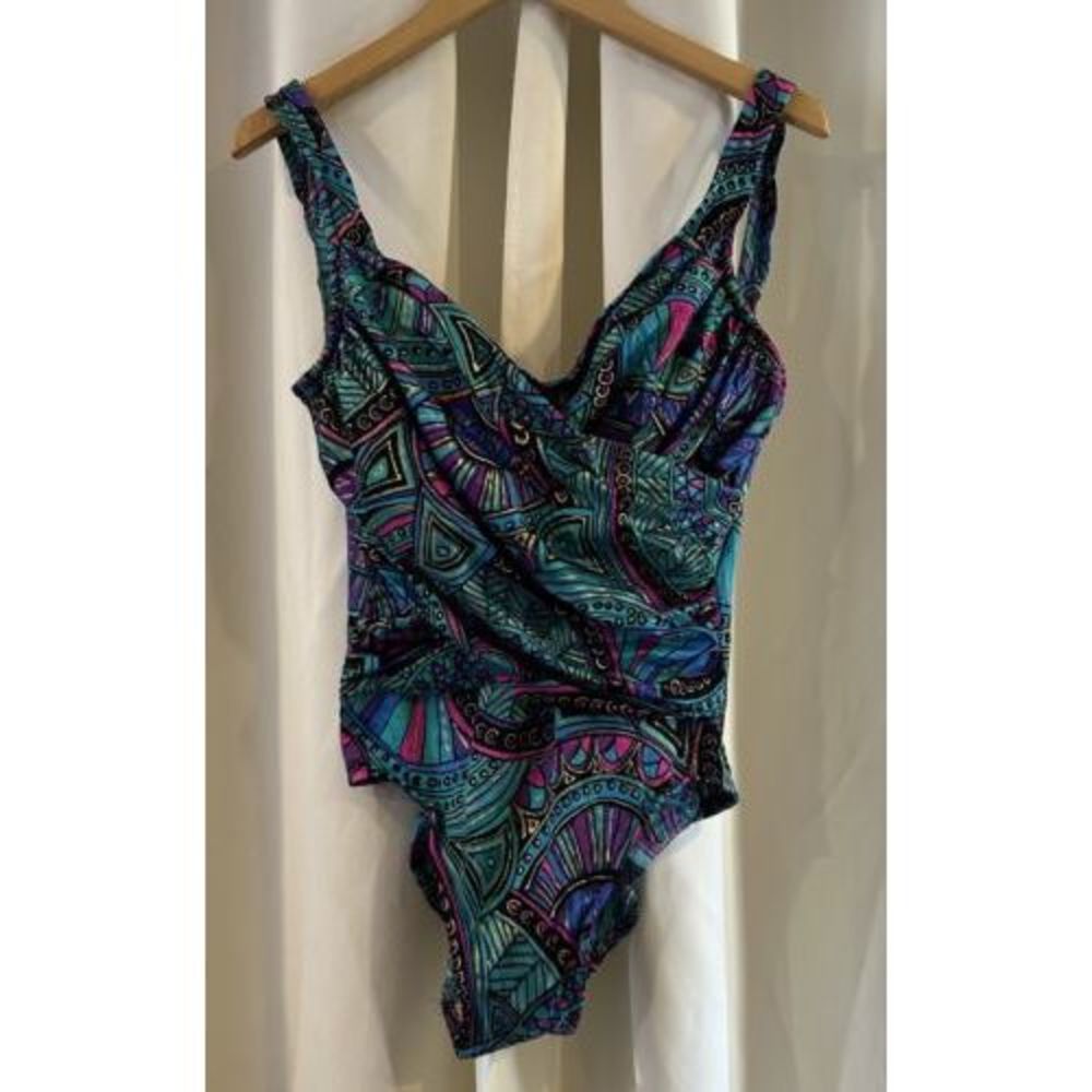 Vtg Catalina Abstracted Ruched Swimsuit Sz 10 Faux Wrap USA Teal Gold Paisley
